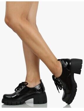 Soda Black Patent Lace-Up Chunky Platform Oxfords